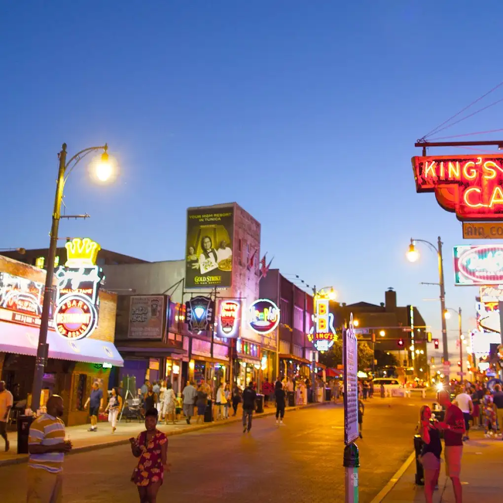 A neon lit downtown street in the US